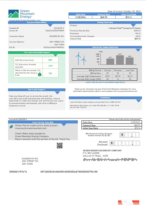 USA Green Mountain Energy business utility bill template in Word and PDF formats